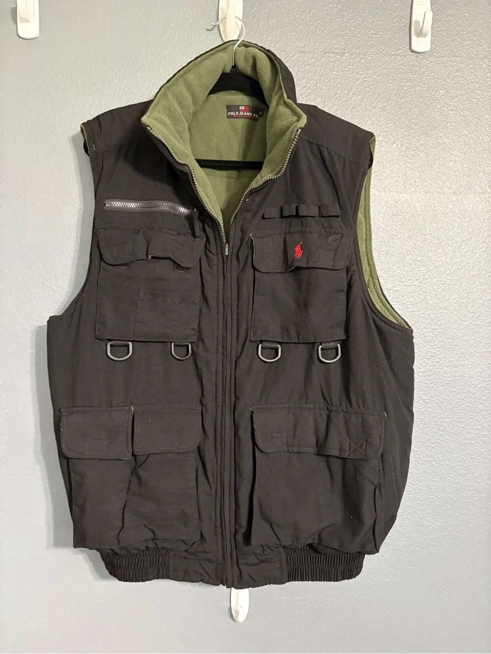 Vintage Polo Jeans Co Ralph Lauren Utility Fishing Vest Black Fleece Lined Sz L